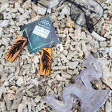 Rustic wooden earrings in front of wire eyeglasses on top of sea rocks.