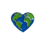 A heart-shaped enamel pin with a stylized representation of the Earth map in blue and green colors