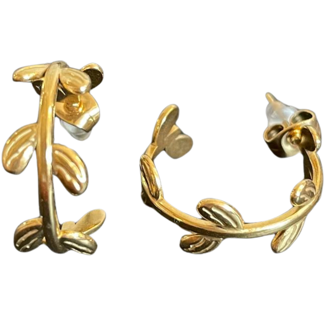 Gold hoop earrings with a stem or vine design.