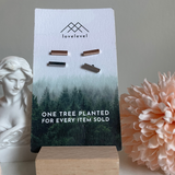 Two pairs of metal bar stud earrings, one rose gold and one silver, on a card with 'lovelevel' branding