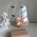 Two pairs of metal bar studs, one silver and one rose gold, on a transparent display with a statue and pink flower in the background.