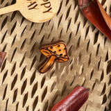 Wooden mushroom pin on a natural background.