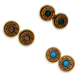 Set of wooden earrings with colored stones on a white background
