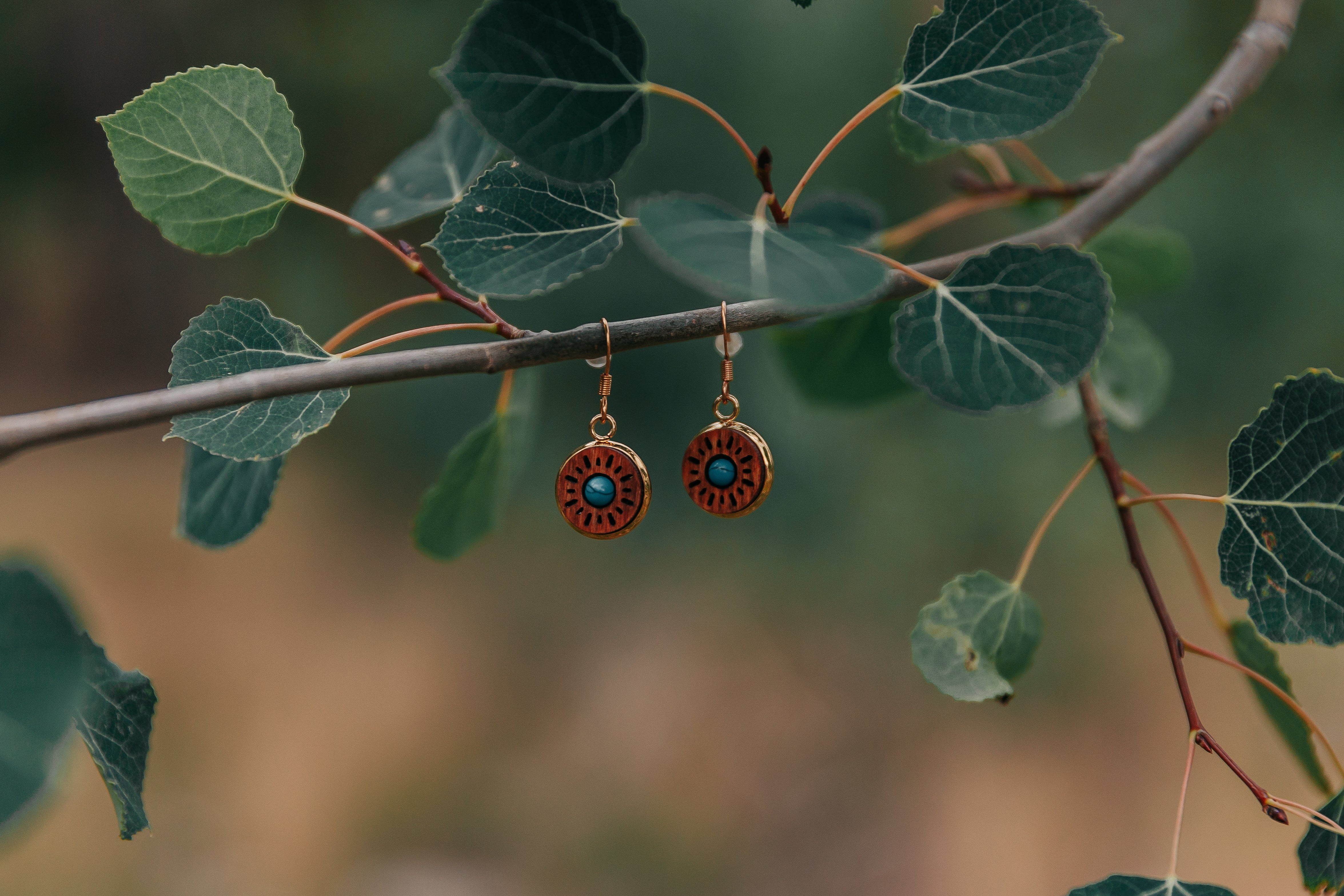 Pair of wooden circular dangle earrings with a green/blue stone in the center hanging from a stick with leaves.