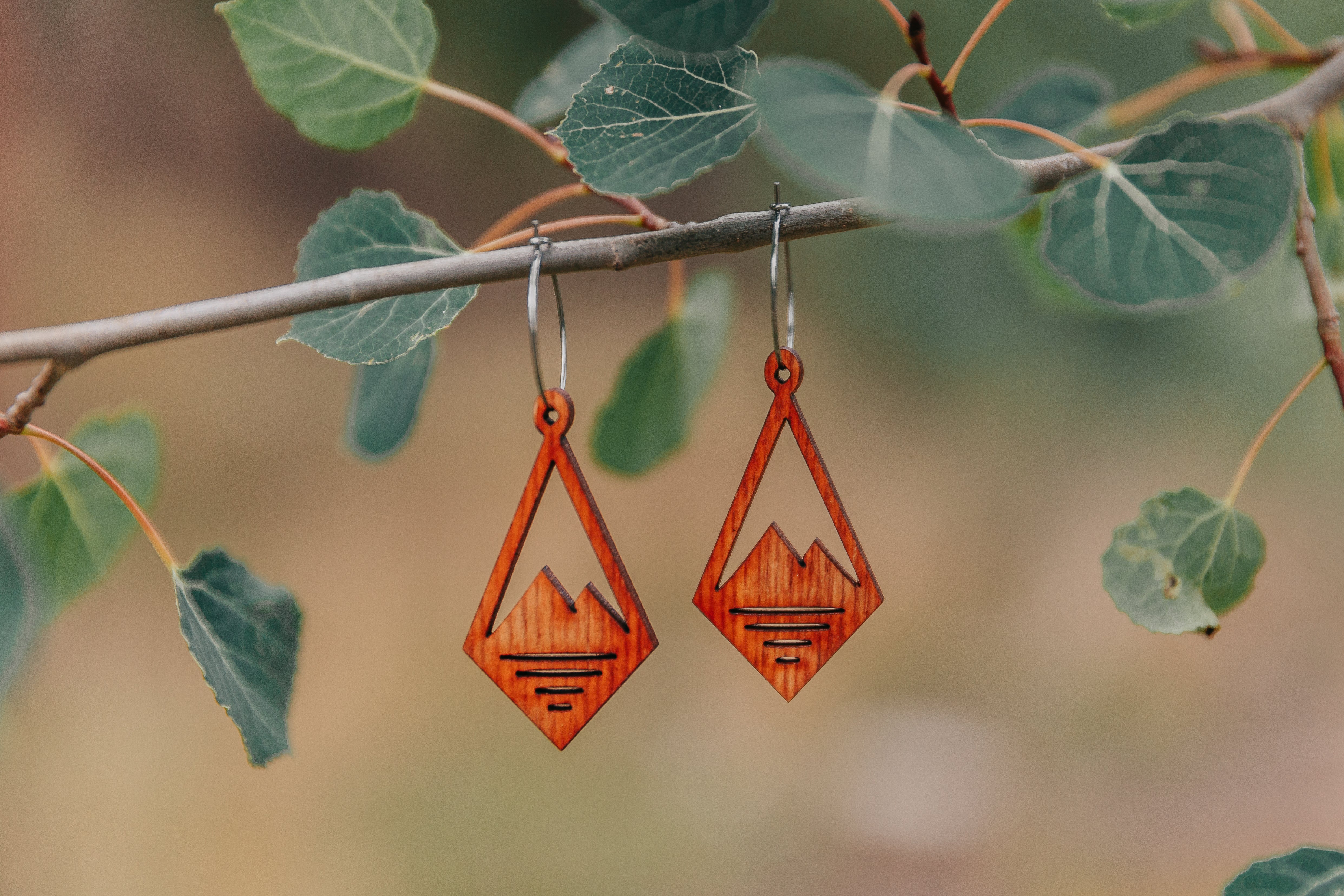 A pair of wooden earrings in the shape of a diamond with a mountain peak carved into the center hanging from a stick with leaves.