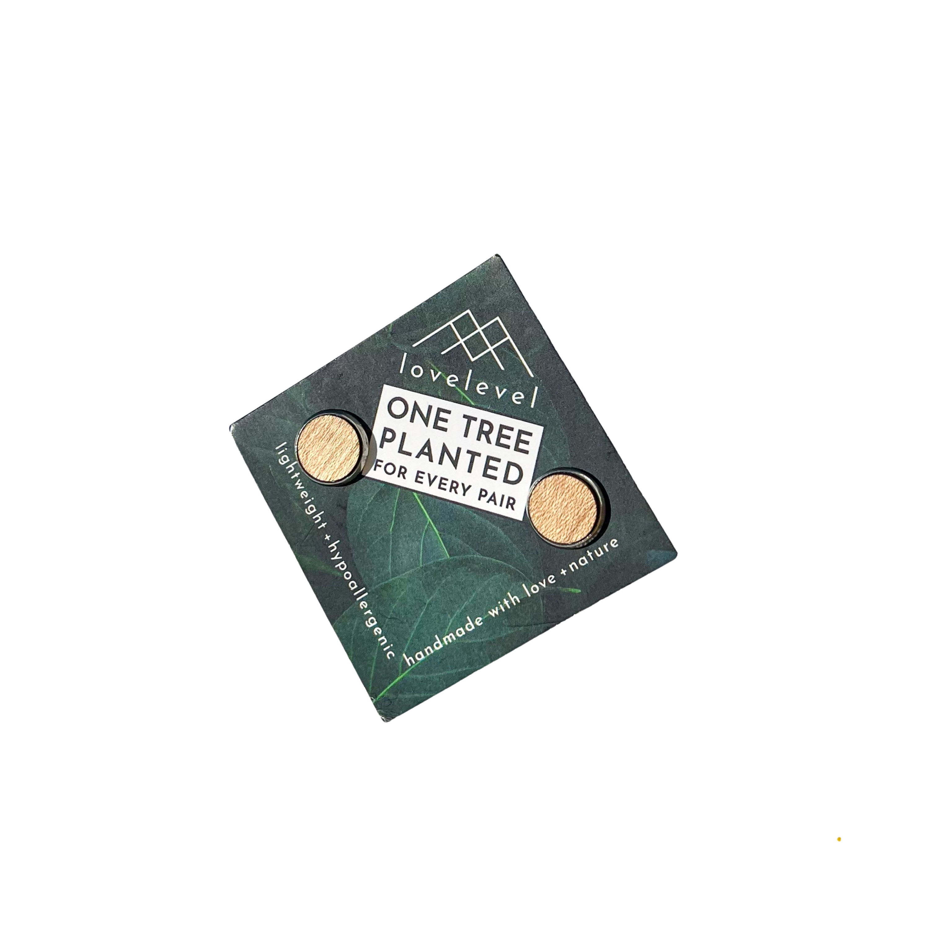 Wooden stud earrings on a card with 'lovelevel' branding.