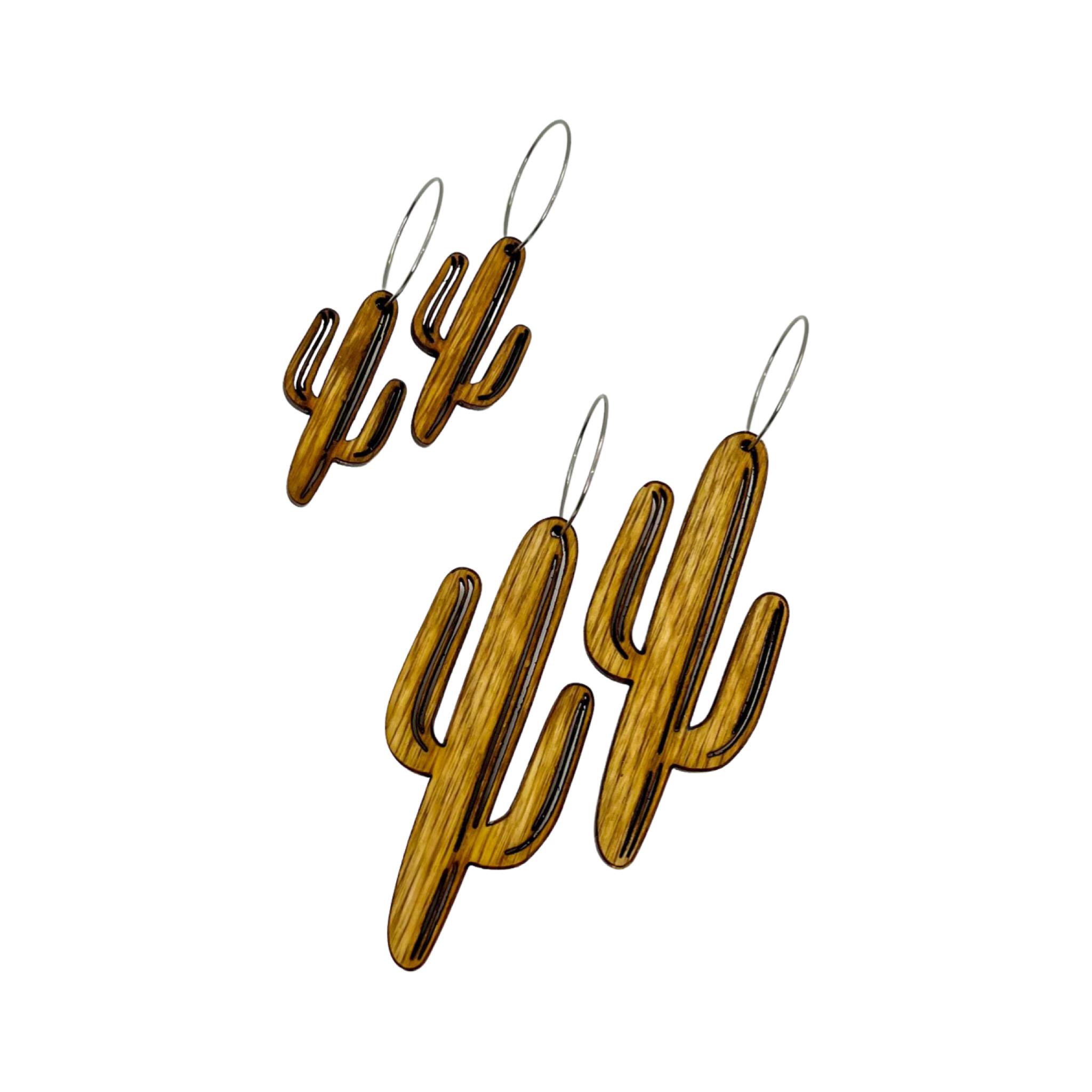 Two pairs of wood cactus earrings; one small and one large.