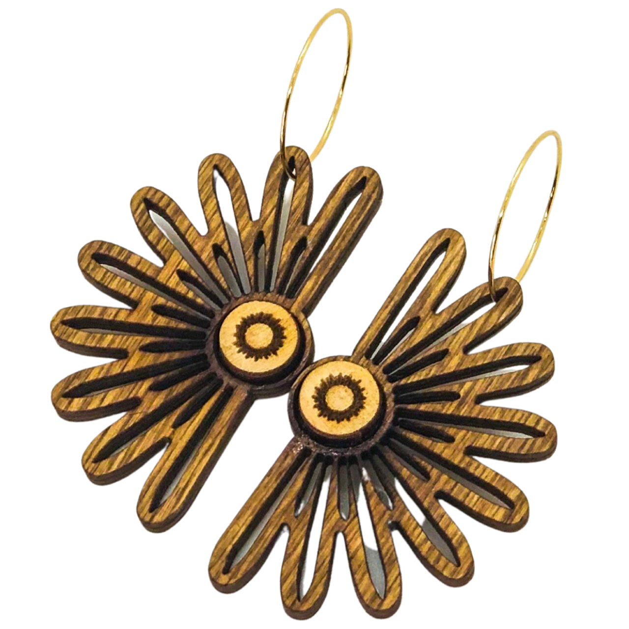 Decorative sun-shaped wooden earrings on a white background