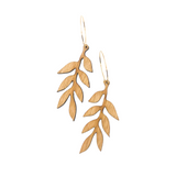 A pair of wooden earrings in a stem and leaves shape.