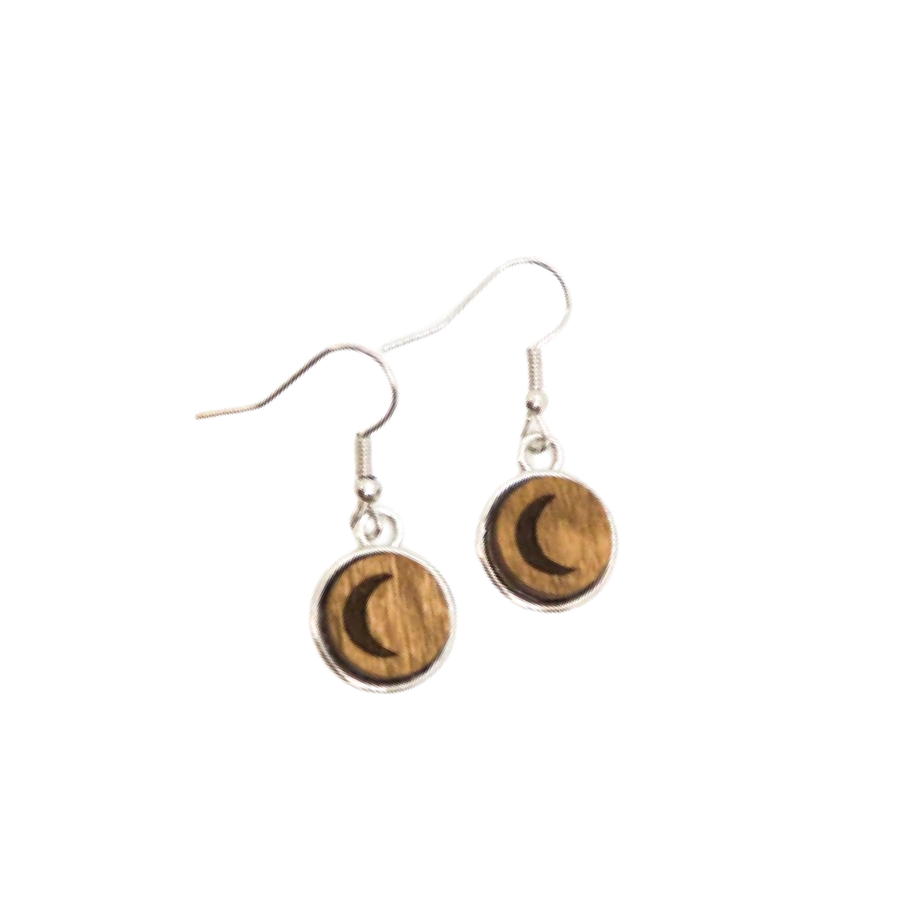 Small pair of wooden dangle earrings with a moon engraving.