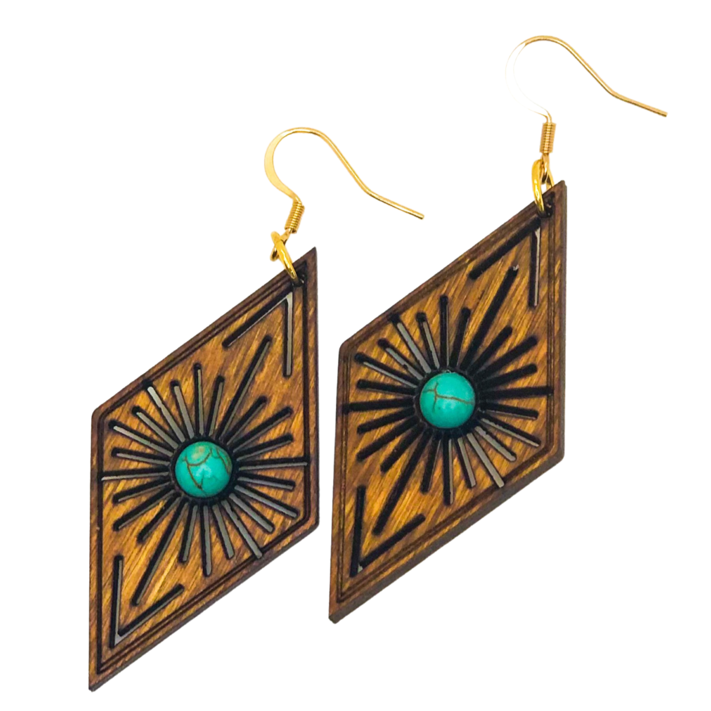 Pair of earrings with geometric design and turquoise stones on a white background