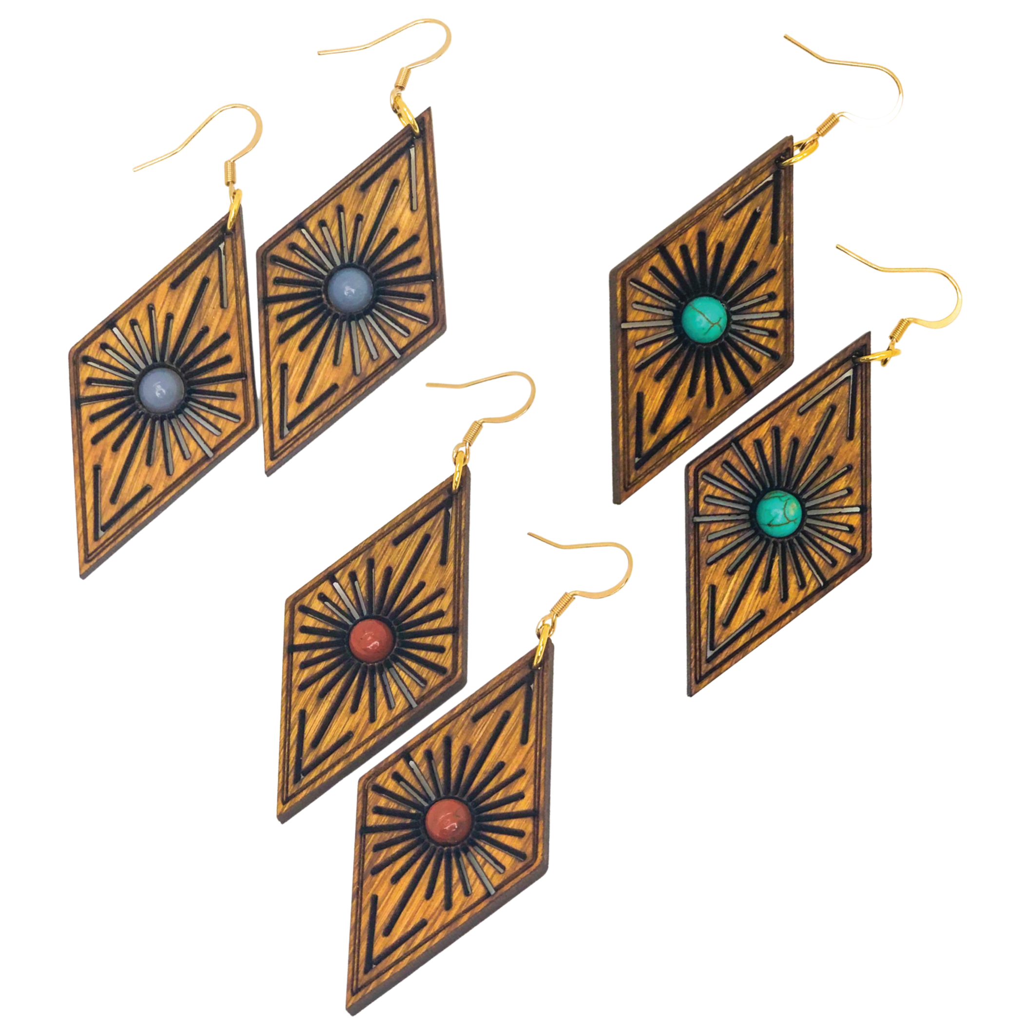 Set of geometric wooden earrings with starburst patterns on a white background