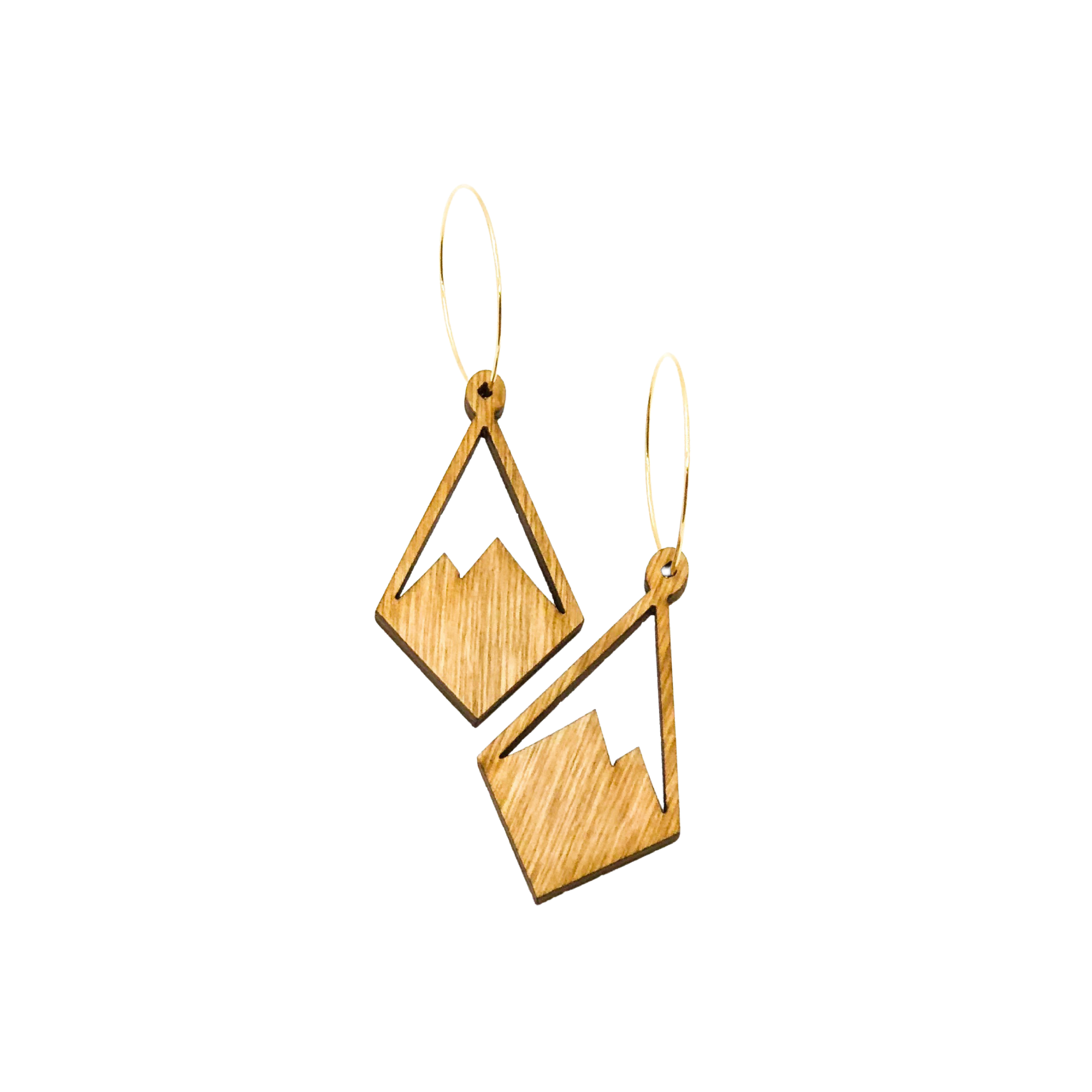 A pair of wooden earrings featuring a cutout design of mountain peaks, with a stainless steel hook.