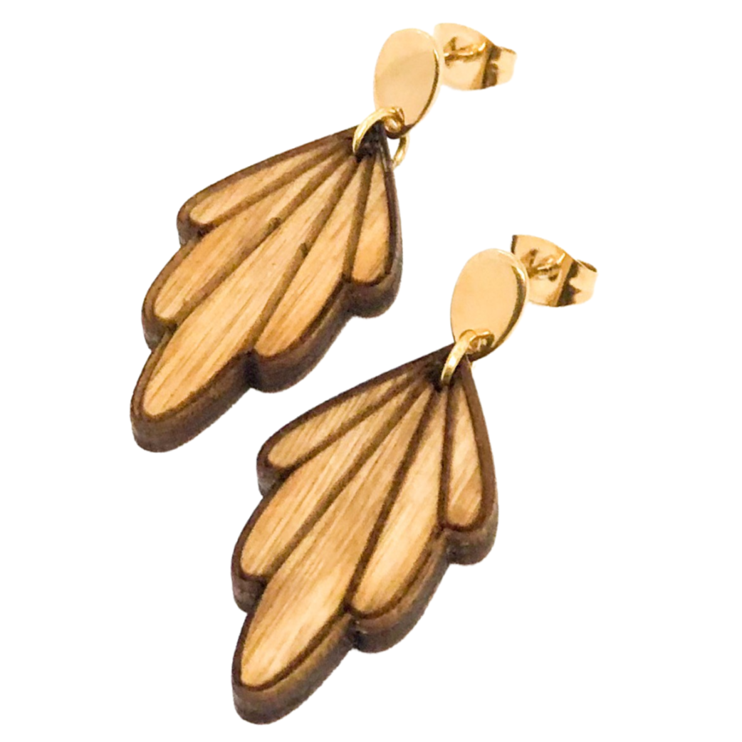 Wooden leaf-shaped earrings on a white background