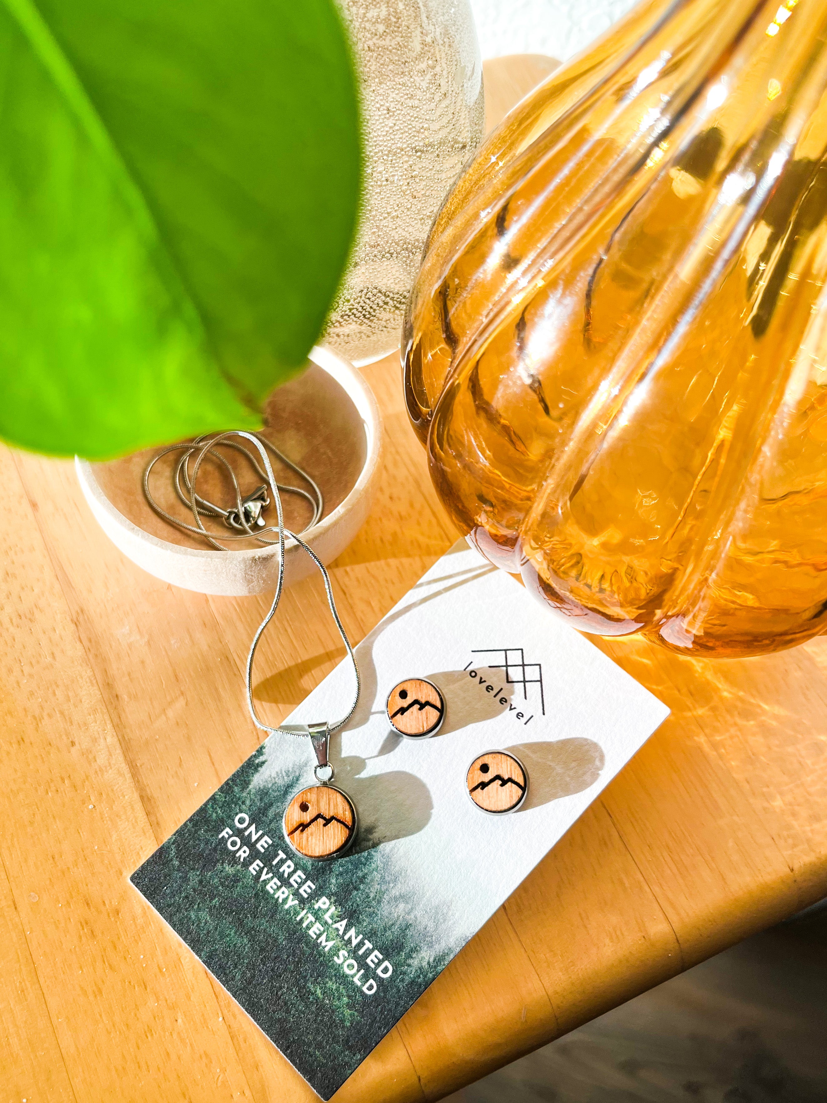 Wooden stud earrings with a mountain peak etched into them on a card with 'lovelevel' branding catching the sun underneath a leaf.