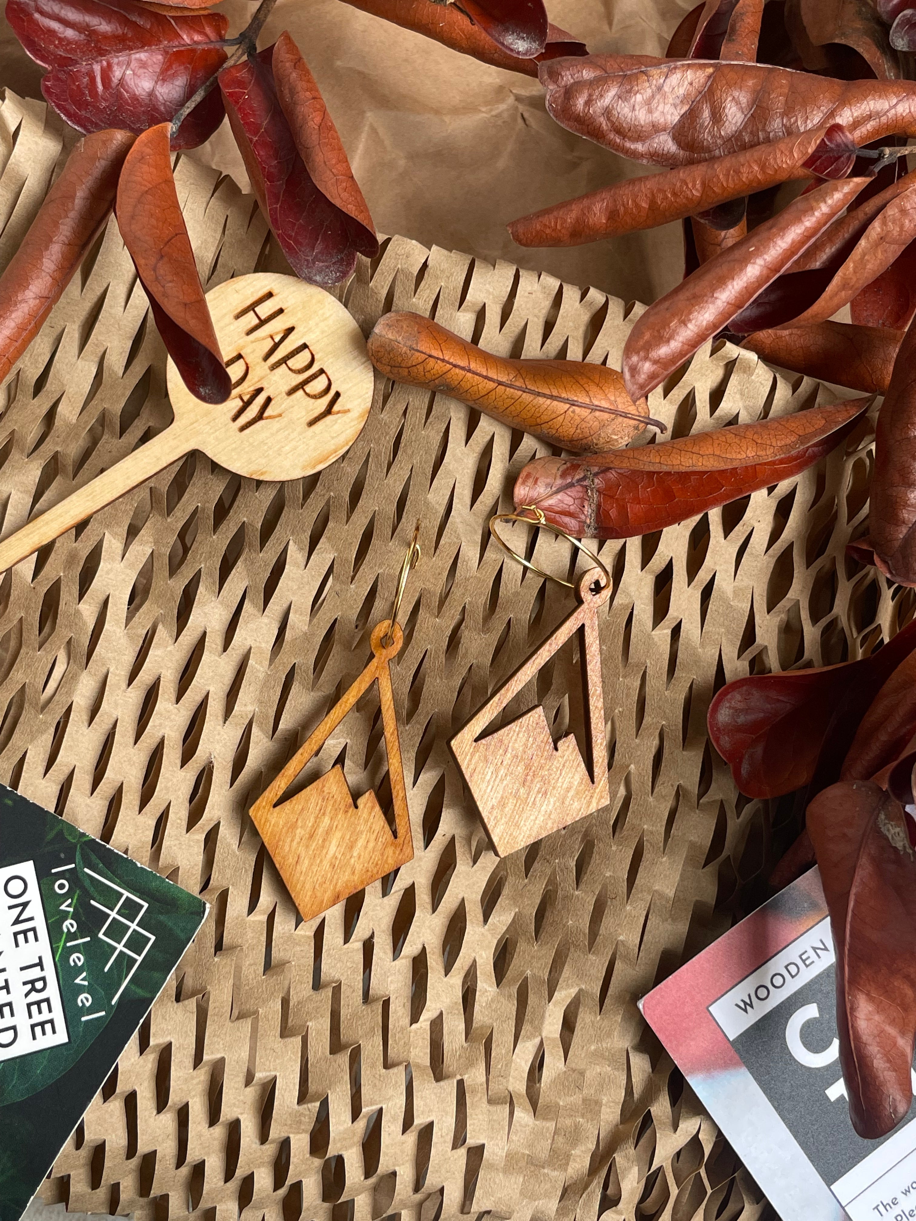 Wooden dangle earrings with a mountain peak design against a natural background.
