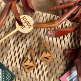 Wooden dangle earrings with mountain peak design and three slits cut out at the base of the mountain, against a natural background.