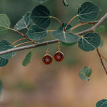 Pair of circular wooden earrings with an opaque stone in the center hanging from a stick with leaves.