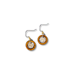 A pair of small circular earrings with a wooden ring surrounding a small gold lotus flower charm.