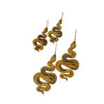Two pairs of wooden snake earrings, one small and one large.