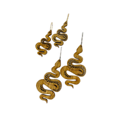 Two pairs of wooden snake earrings, one small and one large.