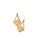 A pair of wooden earrings featuring a cutout design of mountain peaks, with a stainless steel hook.