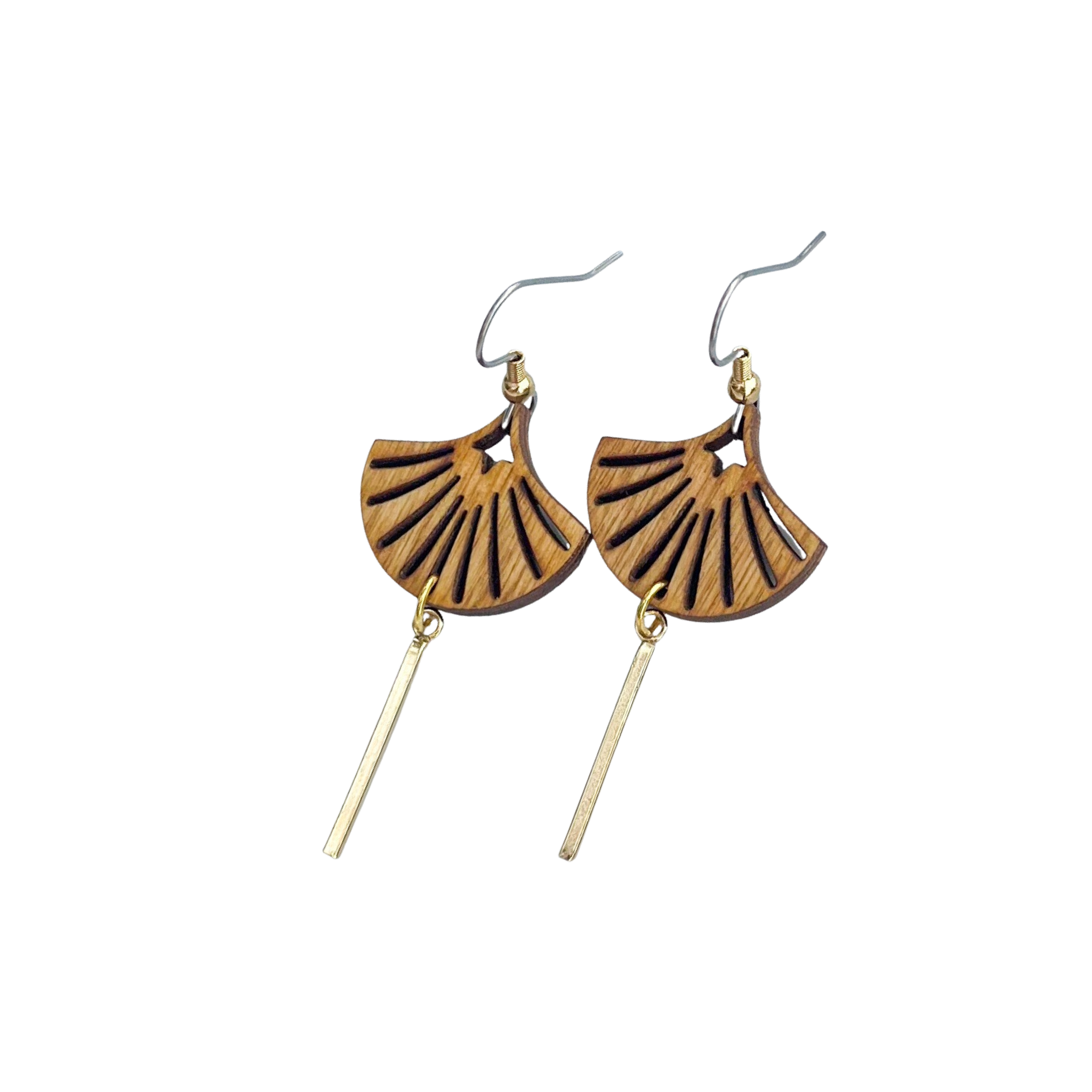 Pair of wooden earrings with metal bit dangling down from the center.